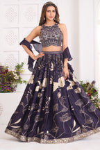 Deep Wine Purple Woven Lehenga Set featuring Sequin Cutdana Illusion Crop Top