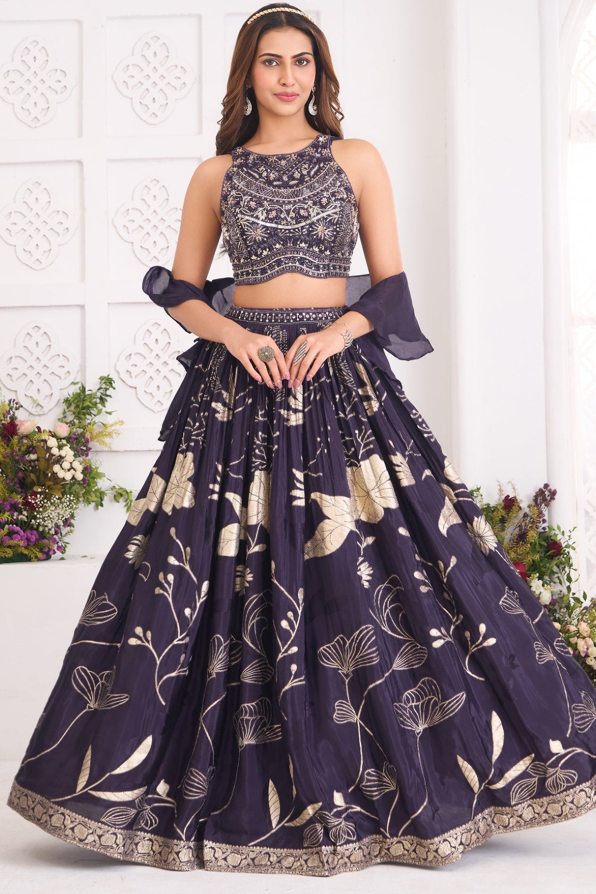 Deep Wine Purple Woven Lehenga Set featuring Sequin Cutdana Illusion Crop Top