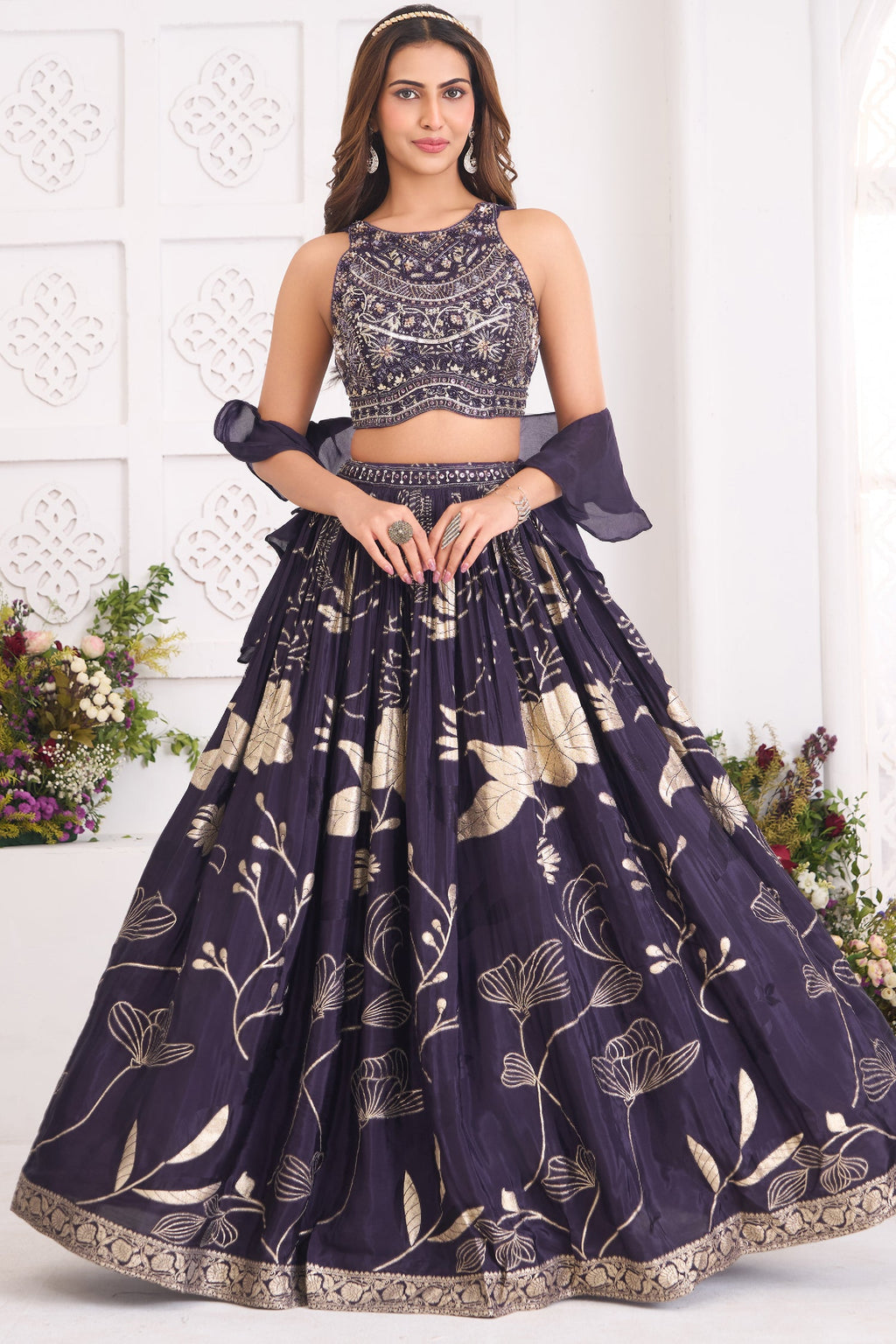 Deep Wine Purple Woven Lehenga Set featuring Sequin Cutdana Illusion Crop Top