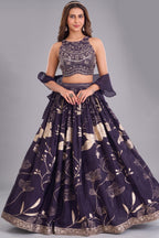 Deep Wine Purple Woven Lehenga Set featuring Sequin Cutdana Illusion Crop Top
