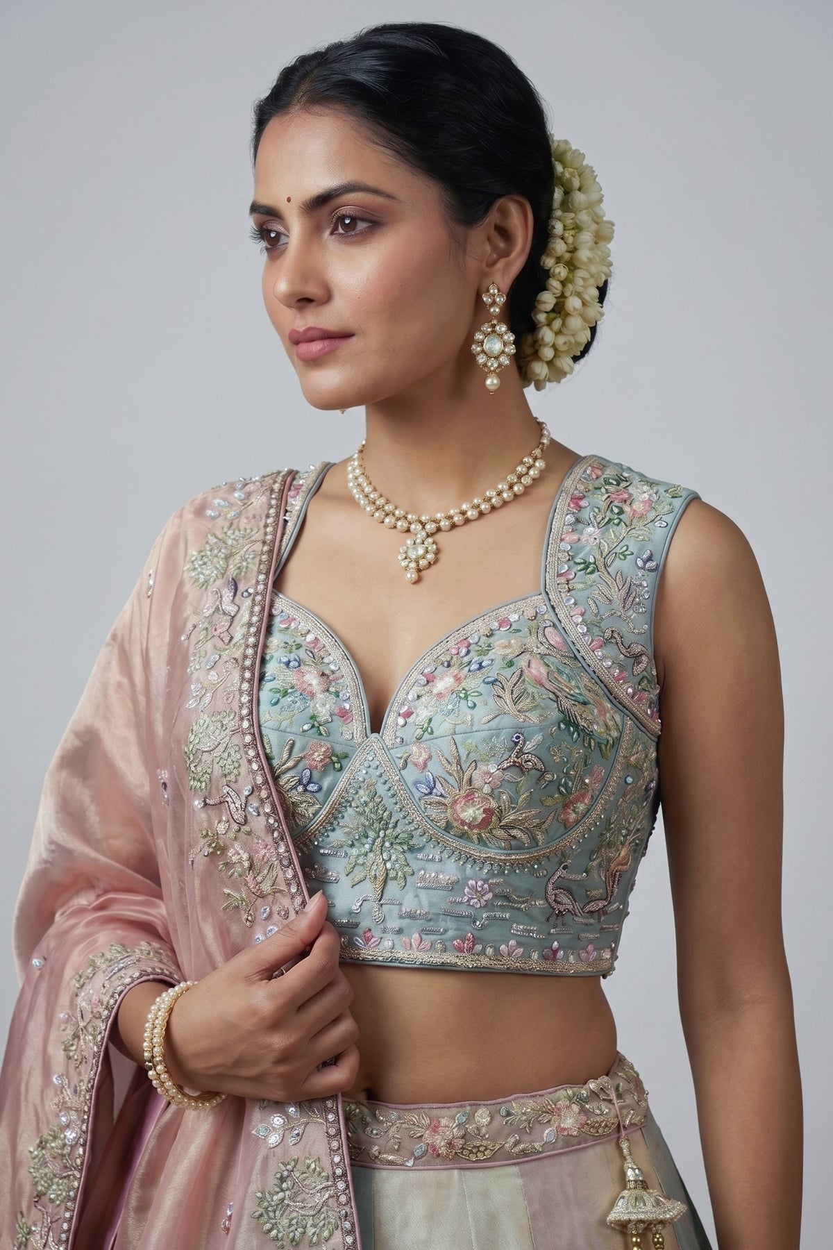 Multicolor Pastel Panelled Organza Lehenga Choli with Peacock Sequin Embroidery