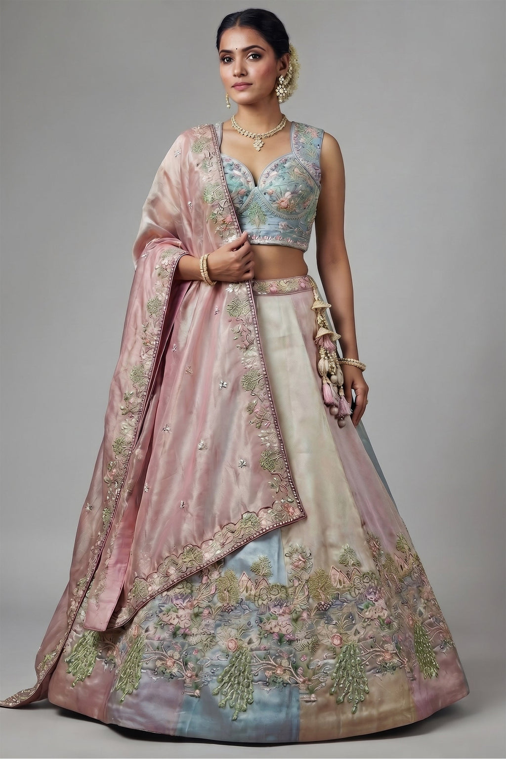 Multicolor Pastel Panelled Organza Lehenga Choli with Peacock Sequin Embroidery