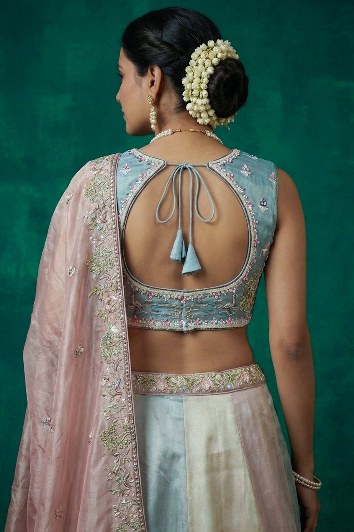 Multicolor Pastel Panelled Organza Lehenga Choli with Peacock Sequin Embroidery