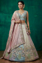 Multicolor Pastel Panelled Organza Lehenga Choli with Peacock Sequin Embroidery