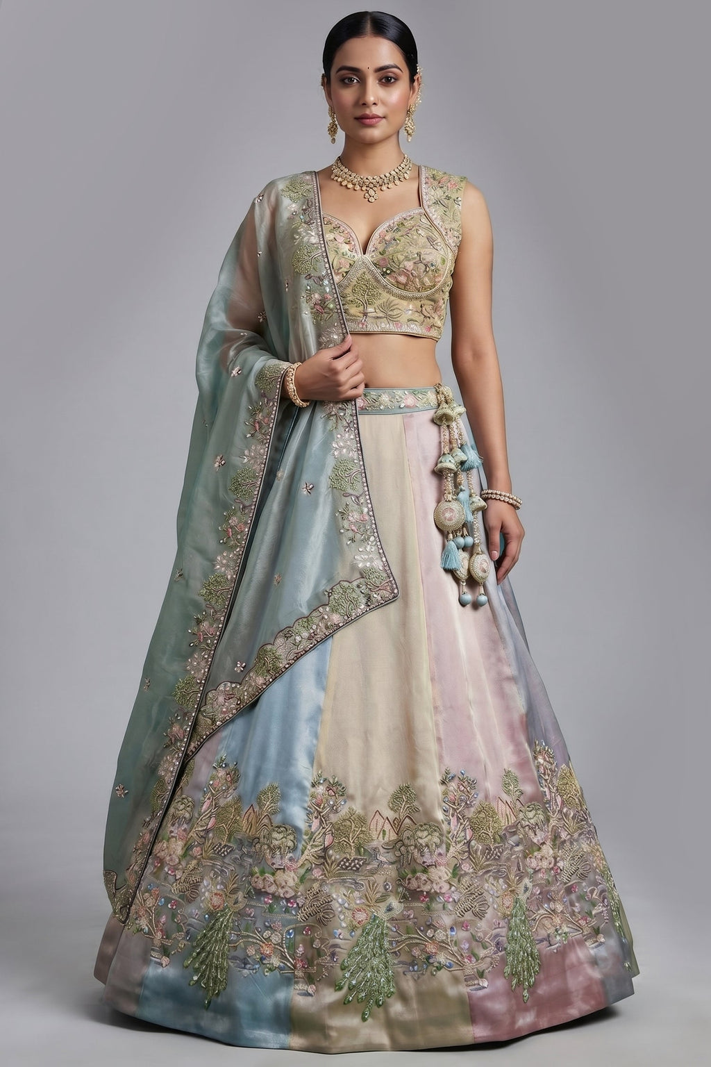 Multicolor Mint Panelled Organza Lehenga Choli with Botanical Peacock Embroidery
