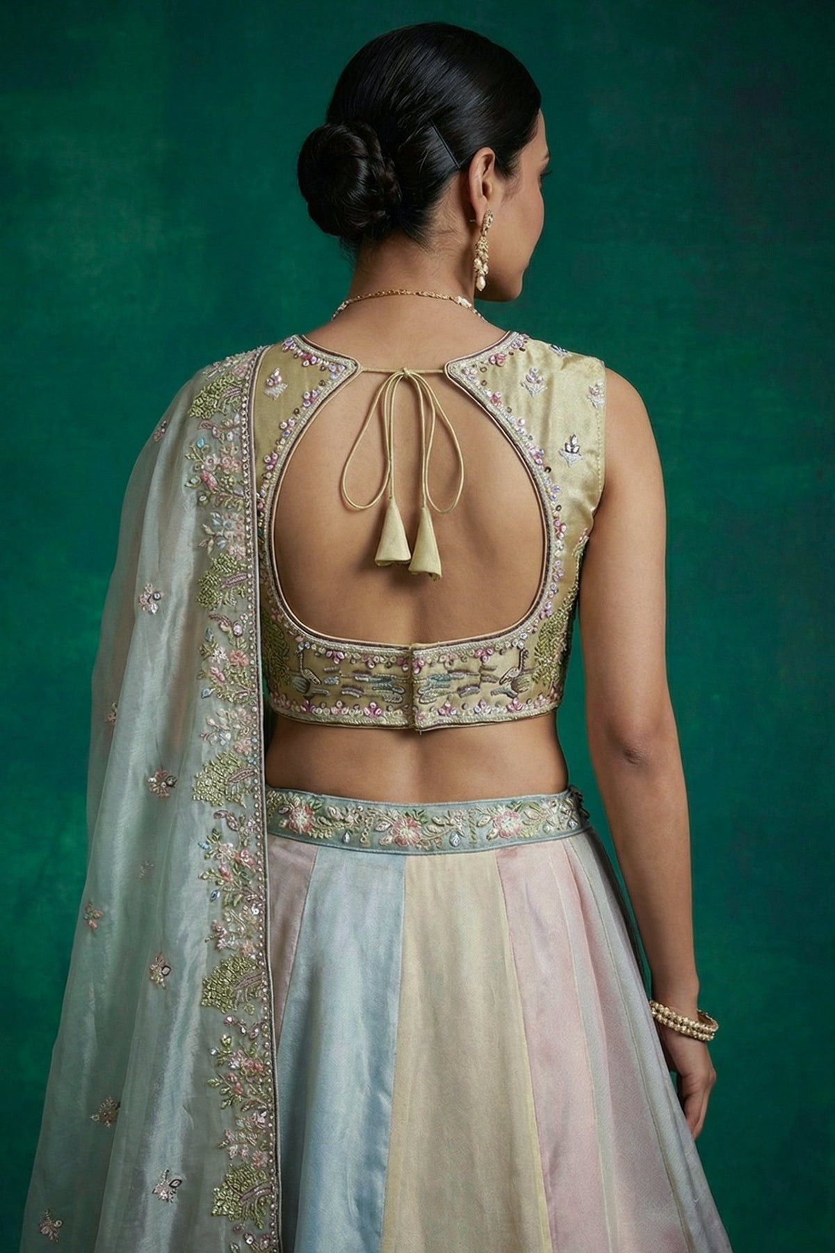 Multicolor Mint Panelled Organza Lehenga Choli with Botanical Peacock Embroidery