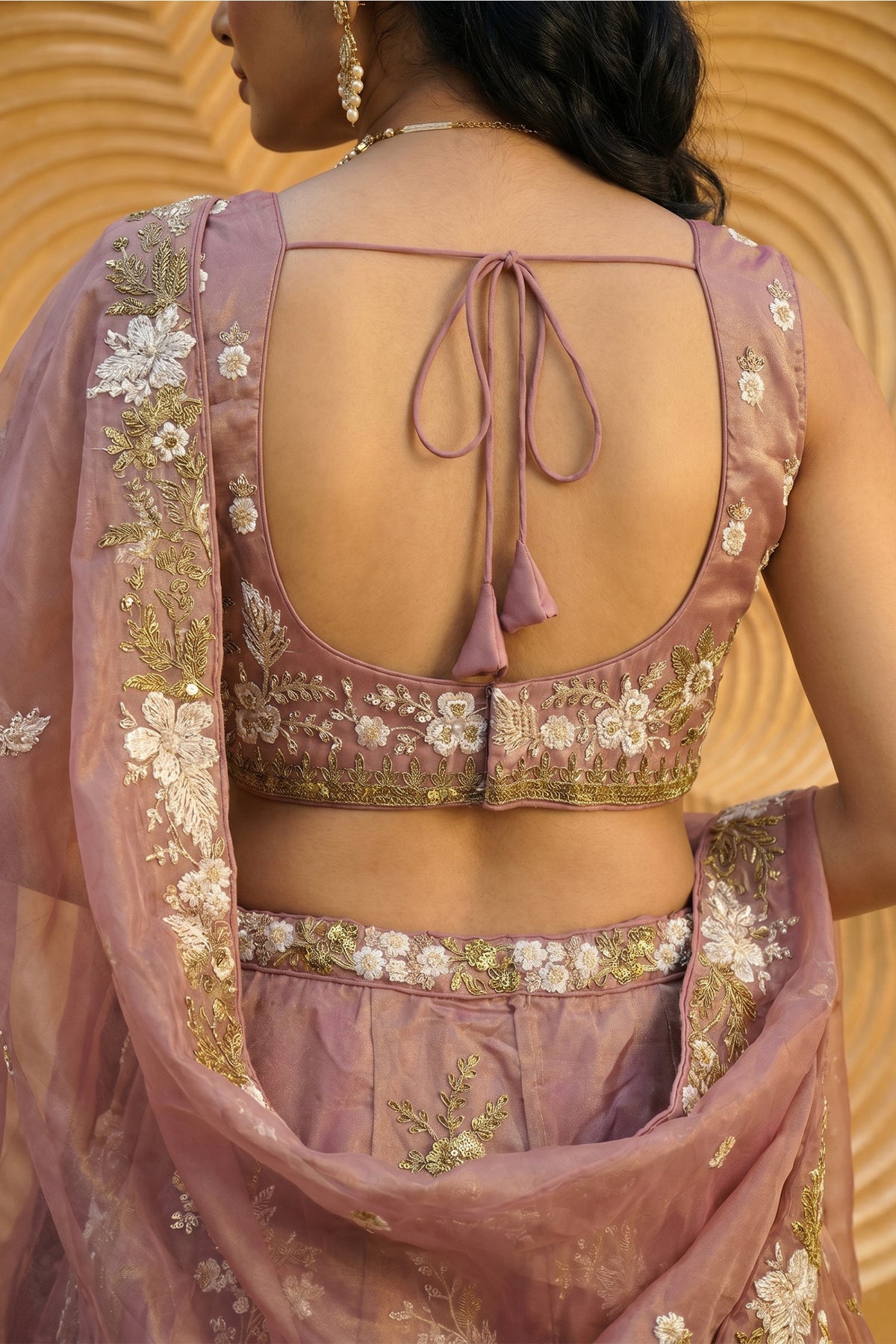 Rose Gold Metallic Tissue Lehenga Choli with Ivory Floral Sequin & Bead Embroidery