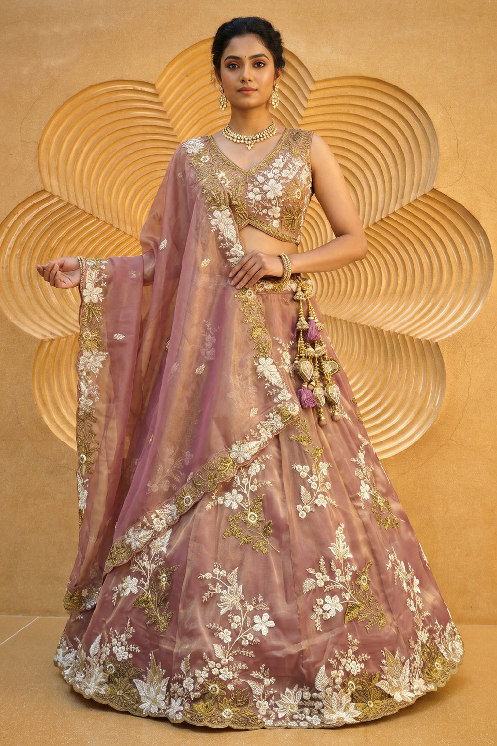 Rose Gold Metallic Tissue Lehenga Choli with Ivory Floral Sequin & Bead Embroidery