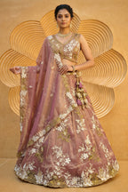 Rose Gold Metallic Tissue Lehenga Choli with Ivory Floral Sequin & Bead Embroidery