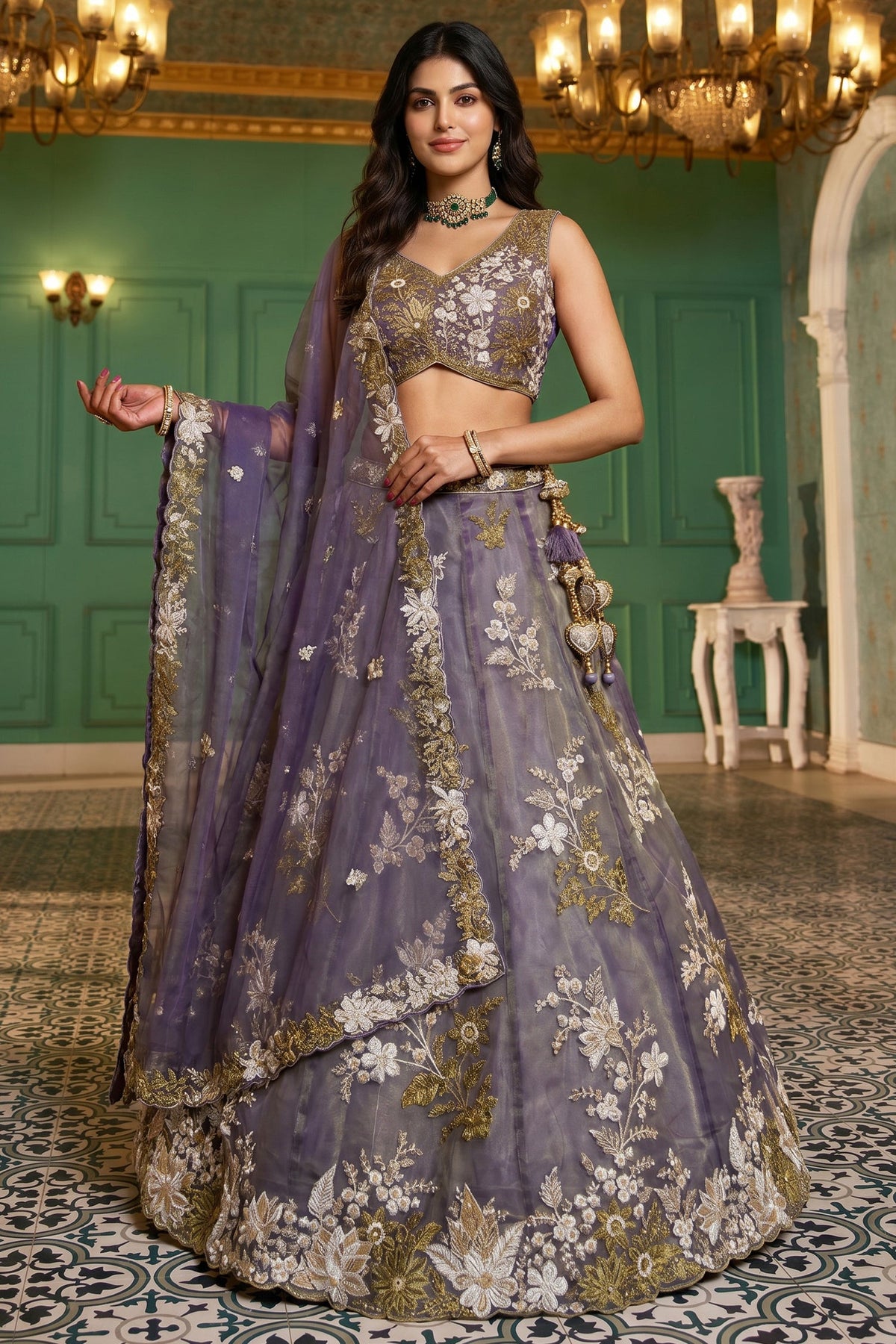 Dusty Purple Metallic Tissue Lehenga Choli with Royal Floral Sequin & Bead Embroidery