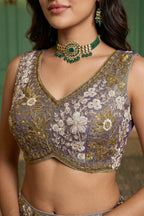 Dusty Purple Metallic Tissue Lehenga Choli with Royal Floral Sequin & Bead Embroidery