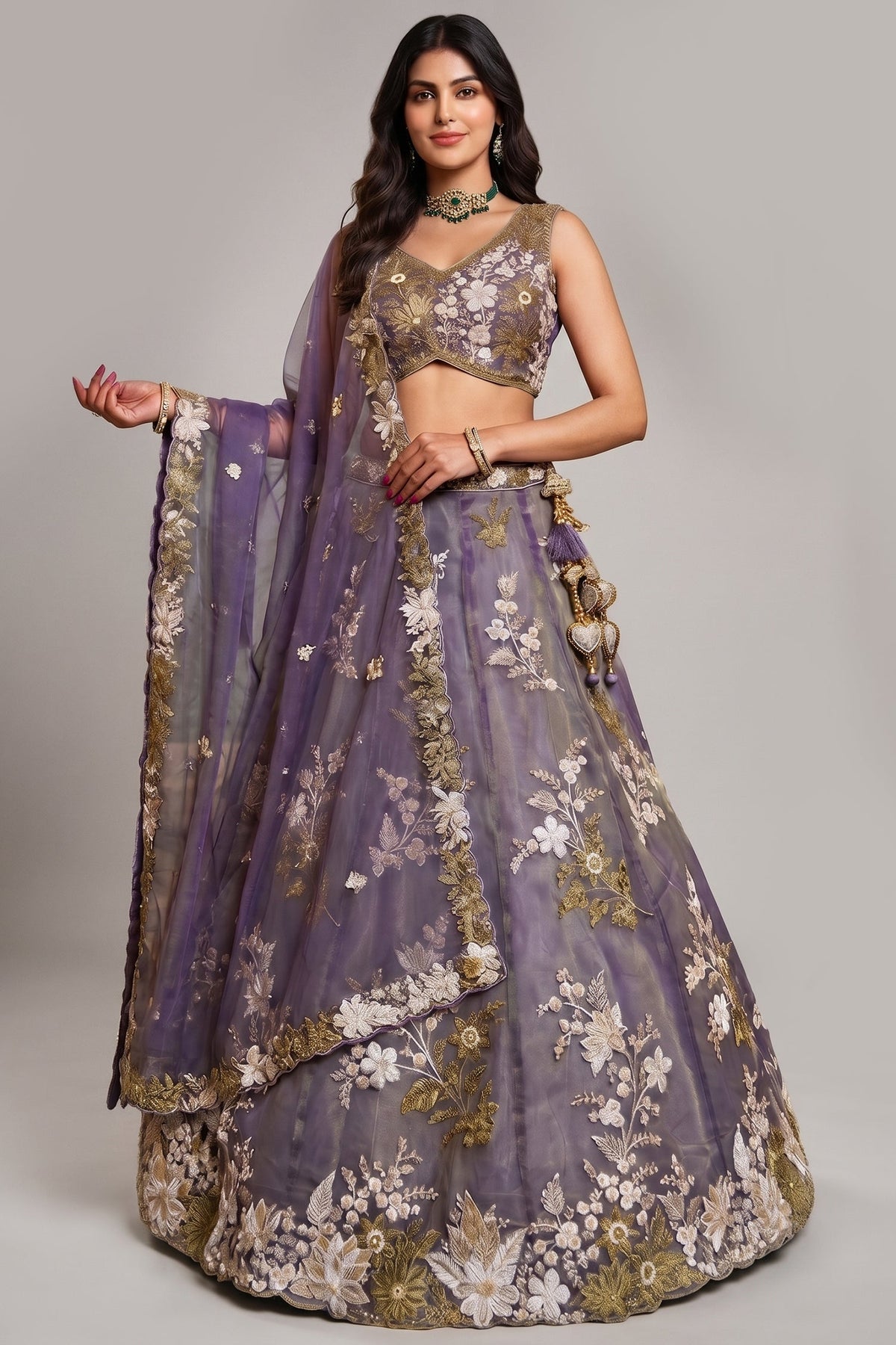 Dusty Purple Metallic Tissue Lehenga Choli with Royal Floral Sequin & Bead Embroidery