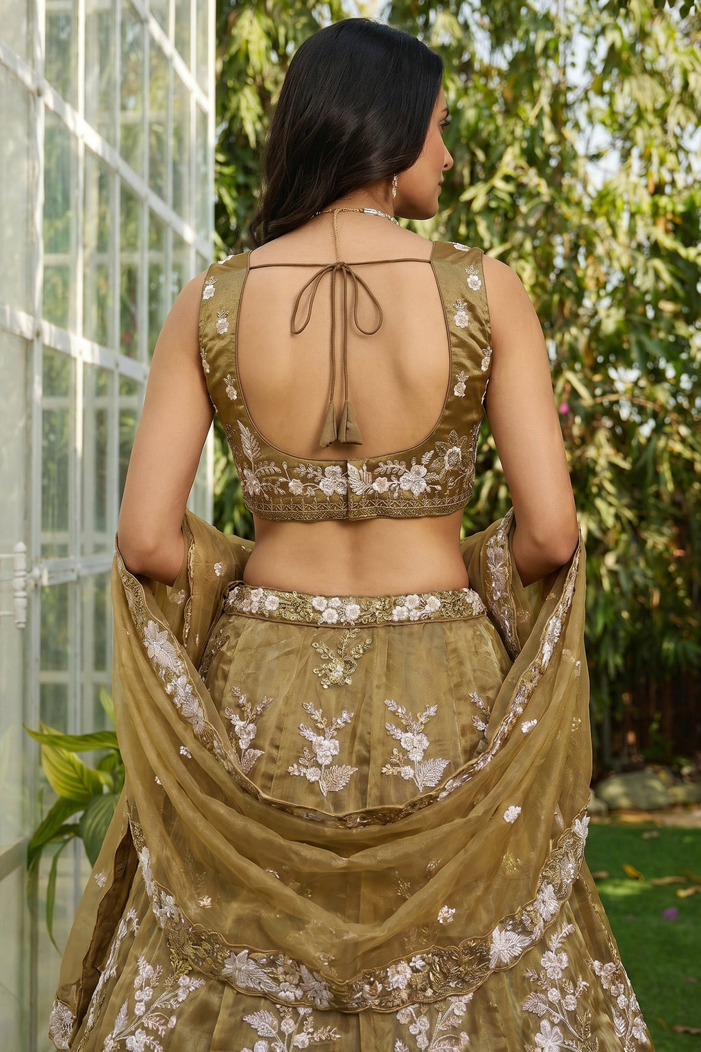 Golden Olive Metallic Tissue Lehenga Choli with Ivory Floral Sequin & Bead Embroidery