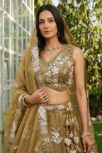 Golden Olive Metallic Tissue Lehenga Choli with Ivory Floral Sequin & Bead Embroidery