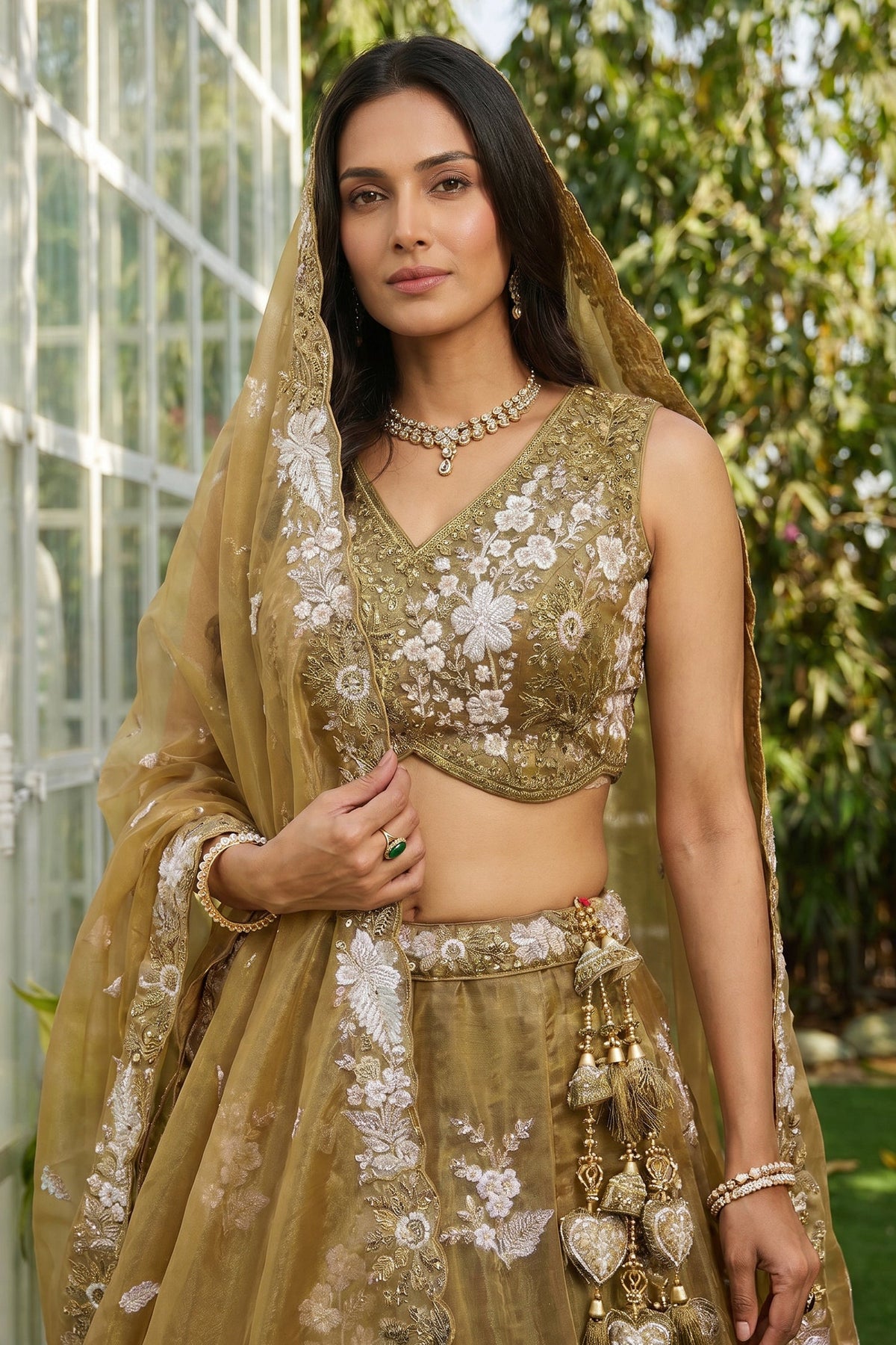 Golden Olive Metallic Tissue Lehenga Choli with Ivory Floral Sequin & Bead Embroidery