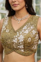 Golden Olive Metallic Tissue Lehenga Choli with Ivory Floral Sequin & Bead Embroidery