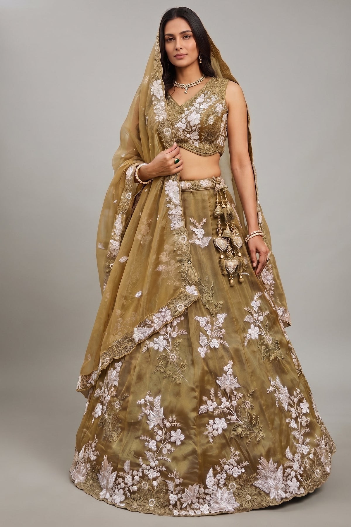 Golden Olive Metallic Tissue Lehenga Choli with Ivory Floral Sequin & Bead Embroidery