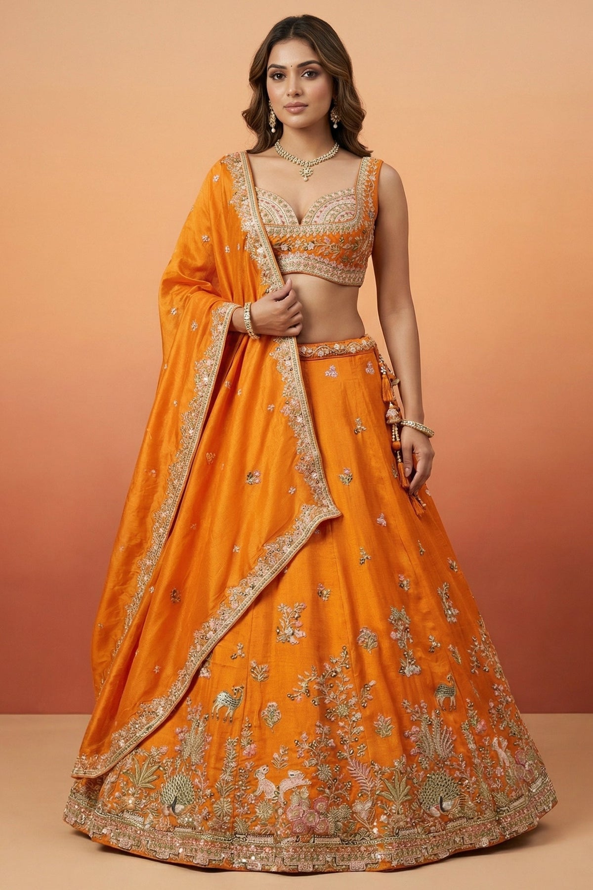 Vibrant Tangerine Orange Tissue Lehenga Choli with Woodland & Peacock Heritage Embroidery