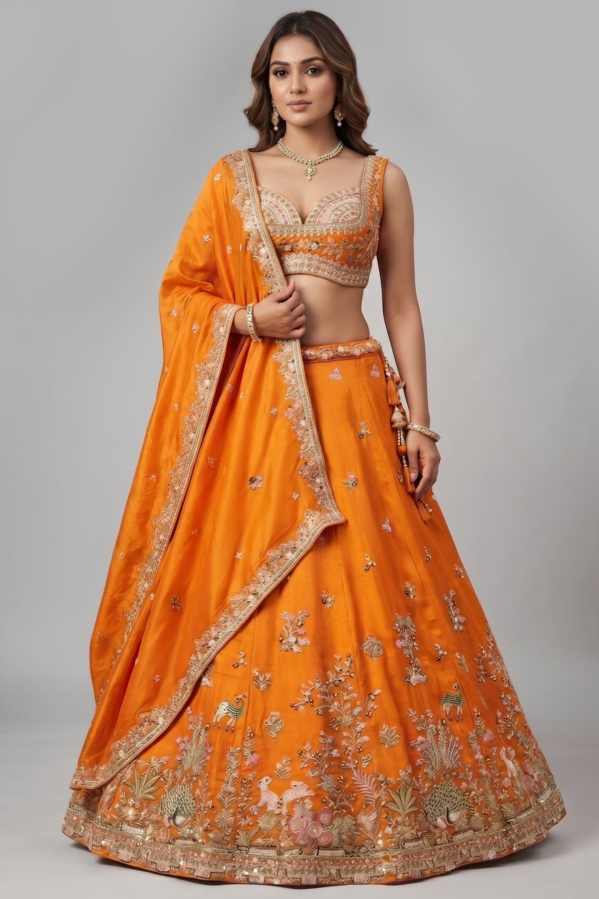 Vibrant Tangerine Orange Tissue Lehenga Choli with Woodland & Peacock Heritage Embroidery