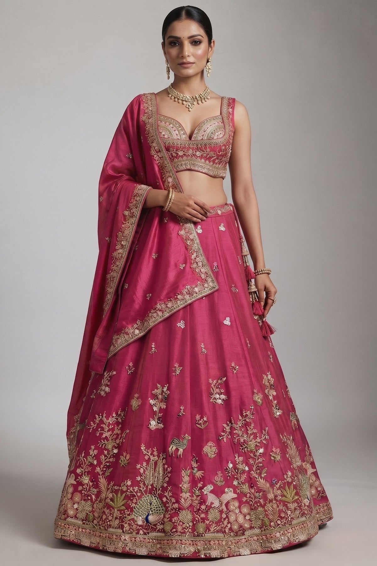 Festive Rani Magenta Tissue Lehenga Choli with Heritage Woodland Embroidery