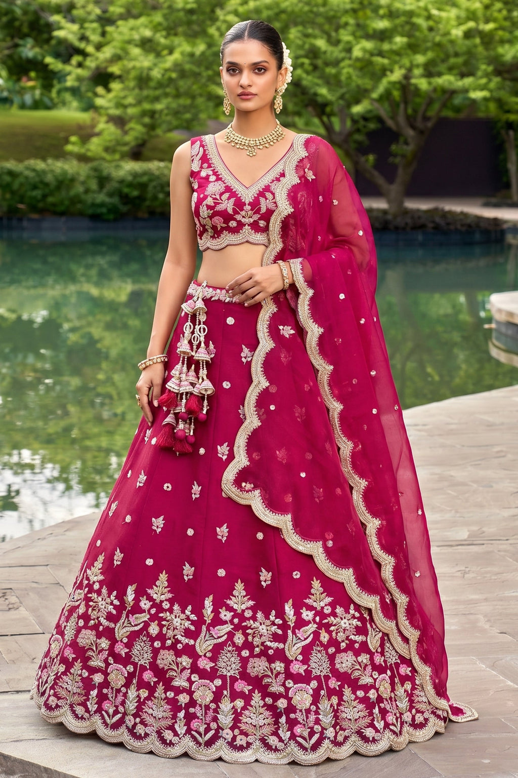 Deep Cherry Red Tissue Lehenga Choli with Pastel Scalloped Floral & Mirror Work