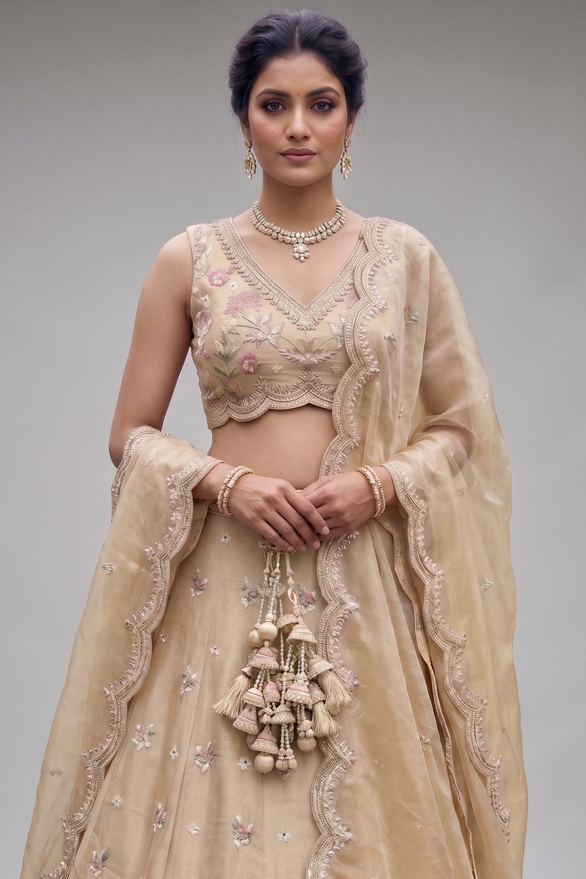 Warm Beige Tissue Lehenga Choli with Pastel Scalloped Mirror Embroidery