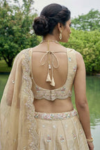 Warm Beige Tissue Lehenga Choli with Pastel Scalloped Mirror Embroidery