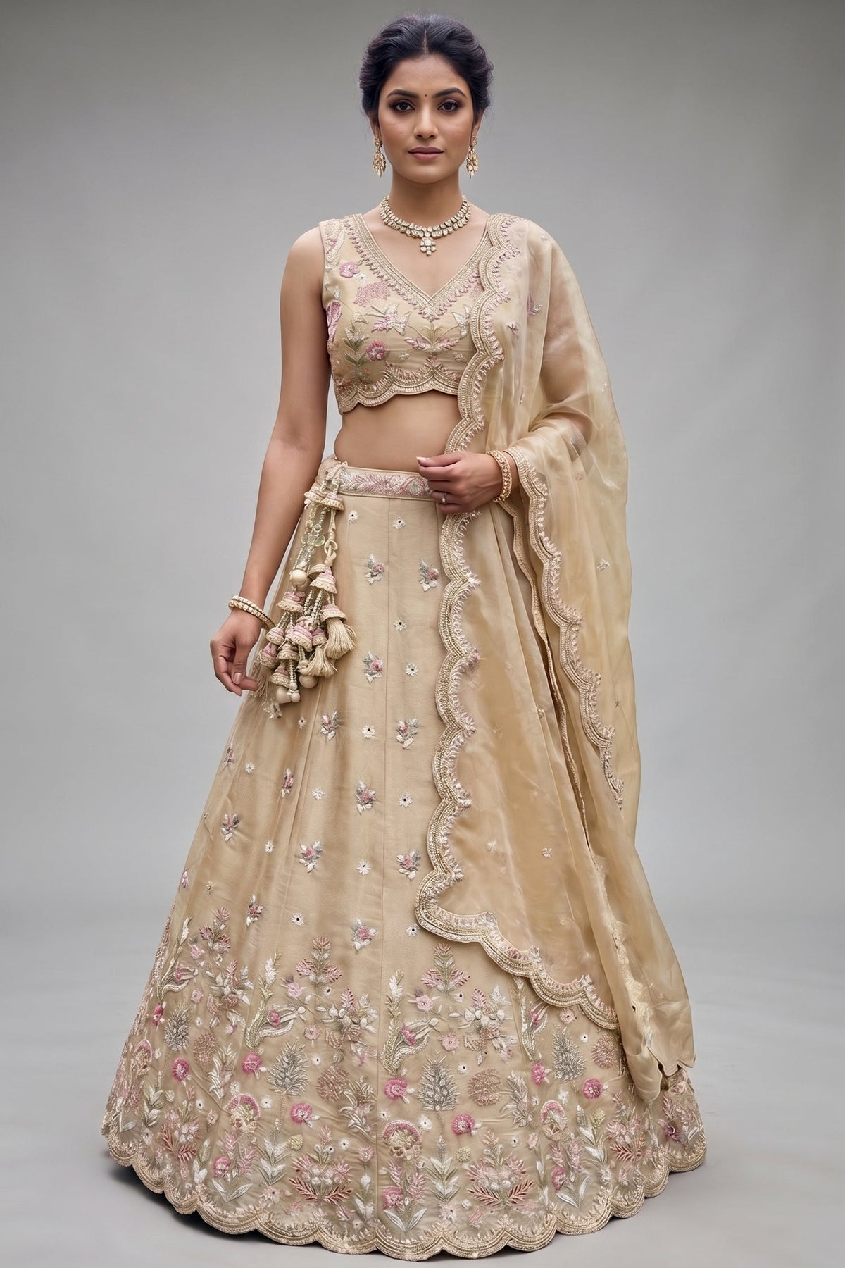 Warm Beige Tissue Lehenga Choli with Pastel Scalloped Mirror Embroidery