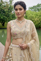 Warm Beige Tissue Lehenga Choli with Pastel Scalloped Mirror Embroidery