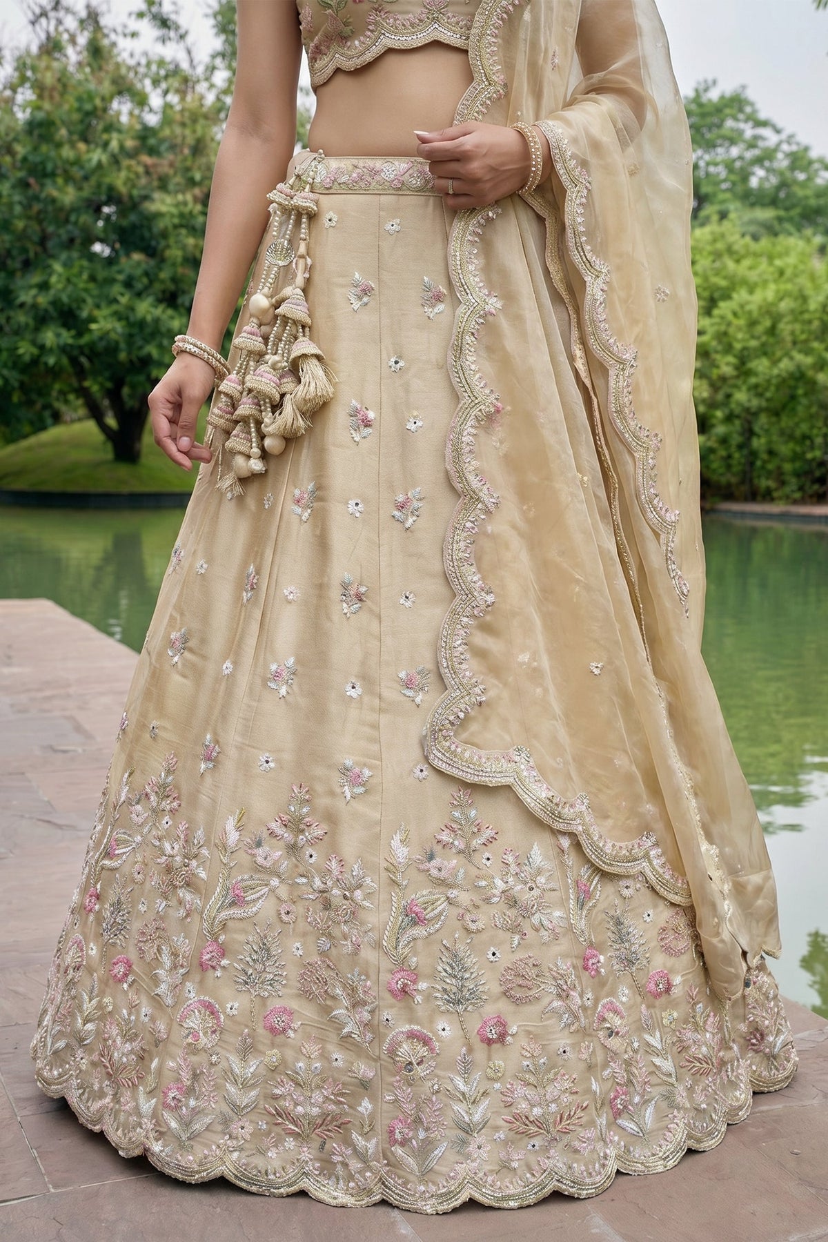 Warm Beige Tissue Lehenga Choli with Pastel Scalloped Mirror Embroidery