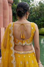 Mustard Tissue Lehenga Choli with Pastel Floral & Mirror Work