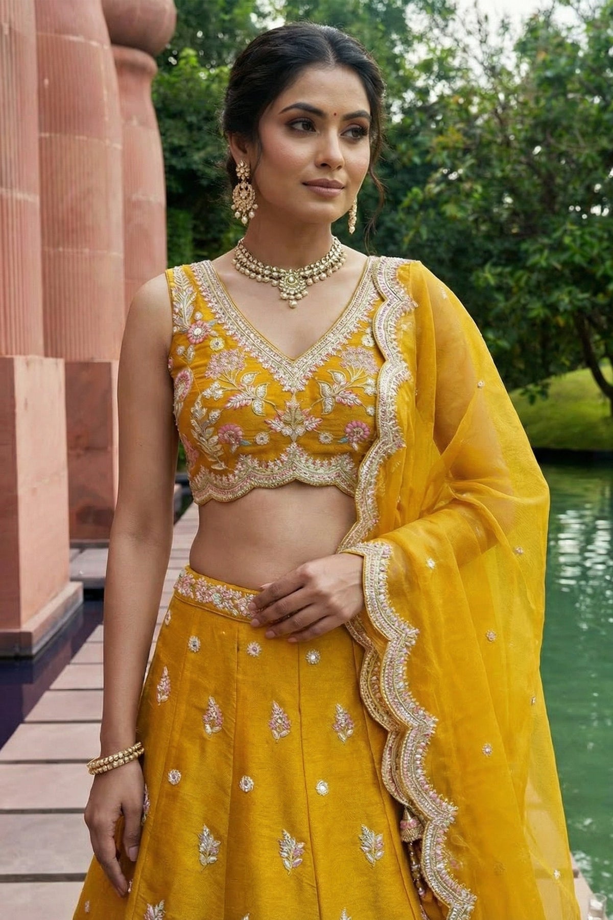 Mustard Tissue Lehenga Choli with Pastel Floral & Mirror Work