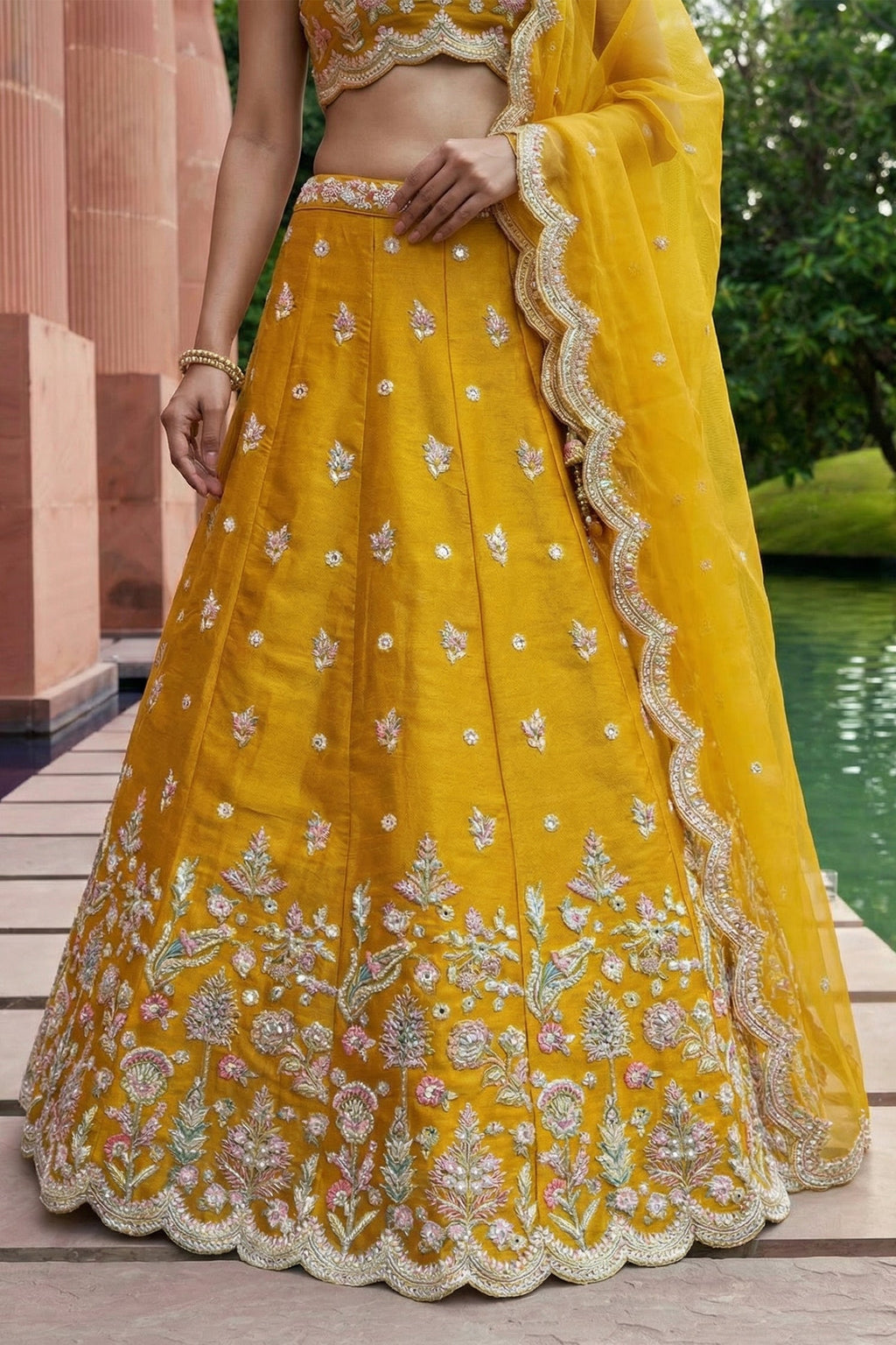 Mustard Tissue Lehenga Choli with Pastel Floral & Mirror Work
