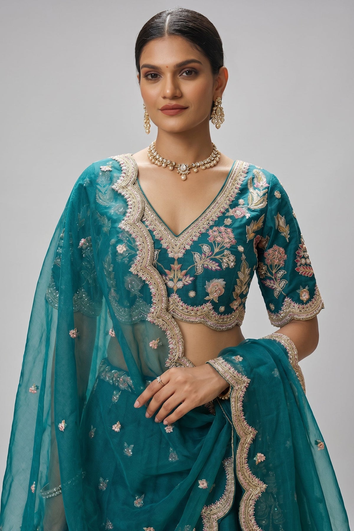 Deep Rama Teal Metallic Tissue Lehenga Choli with Scalloped Mirror & Sequin Embroidery