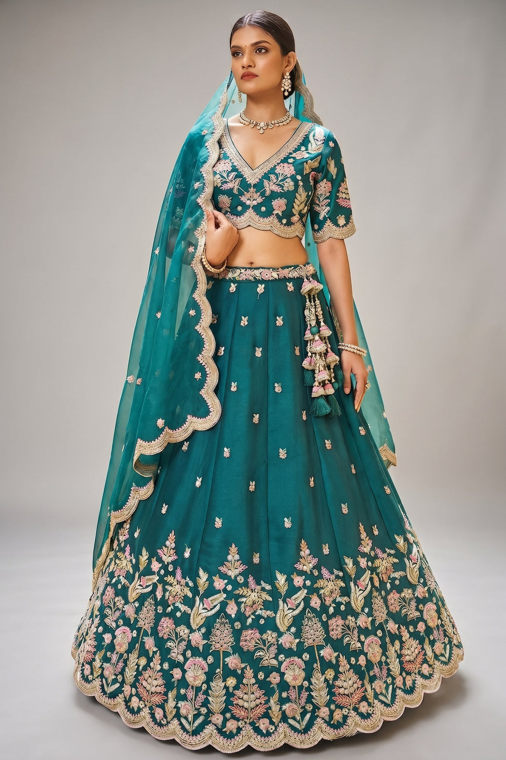 Deep Rama Teal Metallic Tissue Lehenga Choli with Scalloped Mirror & Sequin Embroidery