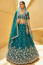 Deep Rama Teal Metallic Tissue Lehenga Choli with Scalloped Mirror & Sequin Embroidery