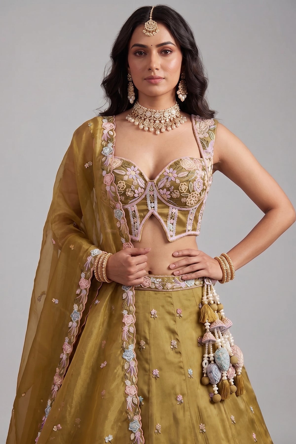 Mustard Olive Metallic Tissue Lehenga Choli with Pearl & Sequin Embroidery