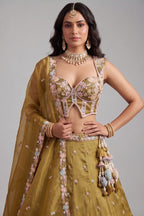 Mustard Olive Metallic Tissue Lehenga Choli with Pearl & Sequin Embroidery