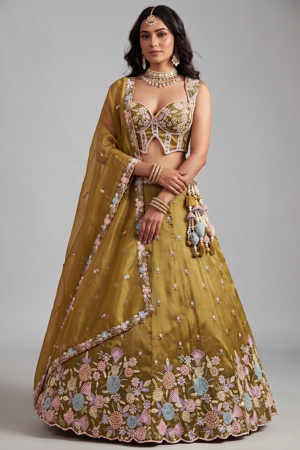 Mustard Olive Metallic Tissue Lehenga Choli with Pearl & Sequin Embroidery