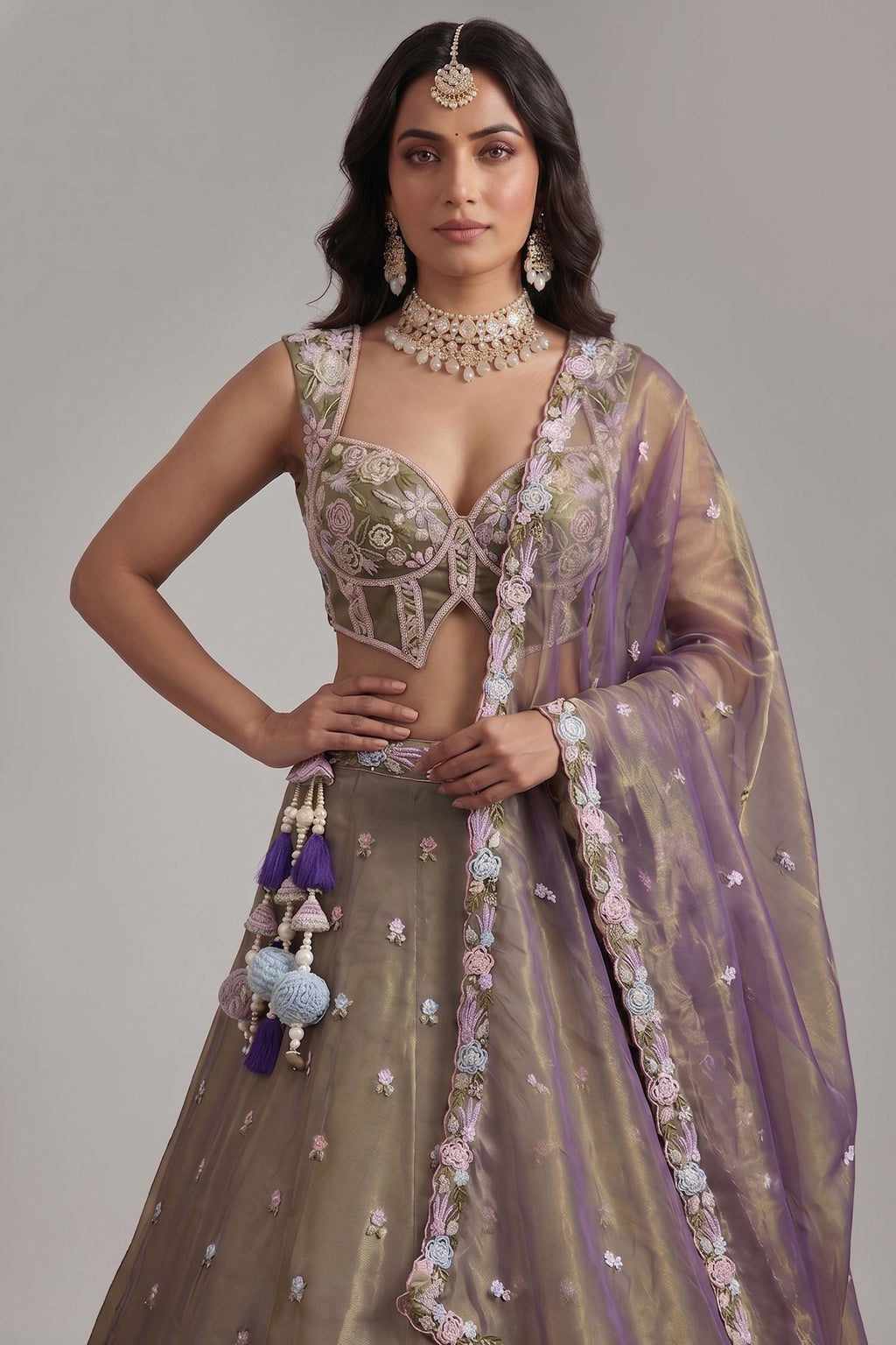 Muted Purple Tissue Multi-Pastel Embroidered Botanical Clusters and Scalloped Lehenga Choli