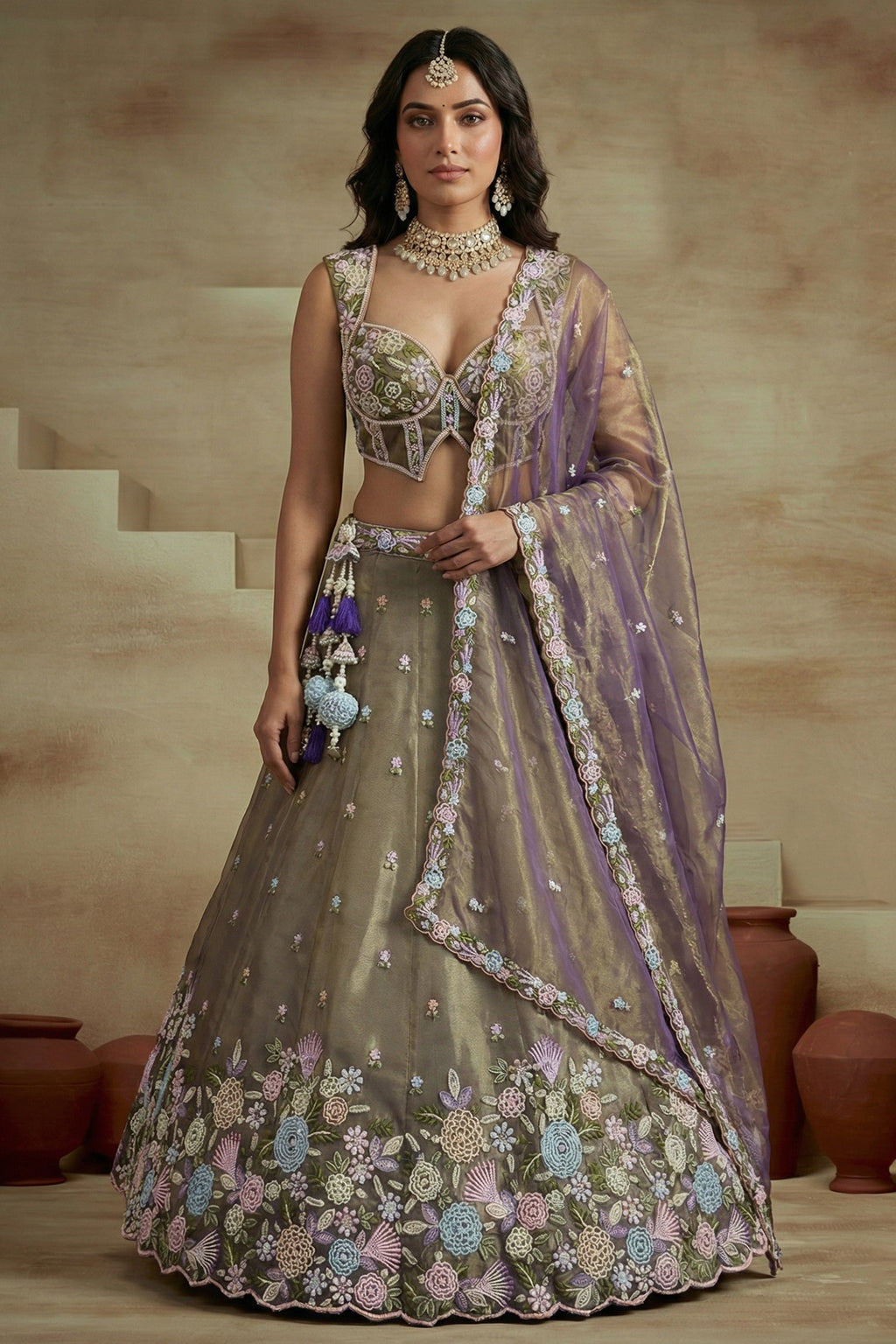 Muted Purple Tissue Multi-Pastel Embroidered Botanical Clusters and Scalloped Lehenga Choli