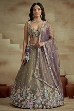 Muted Purple Tissue Multi-Pastel Embroidered Botanical Clusters and Scalloped Lehenga Choli
