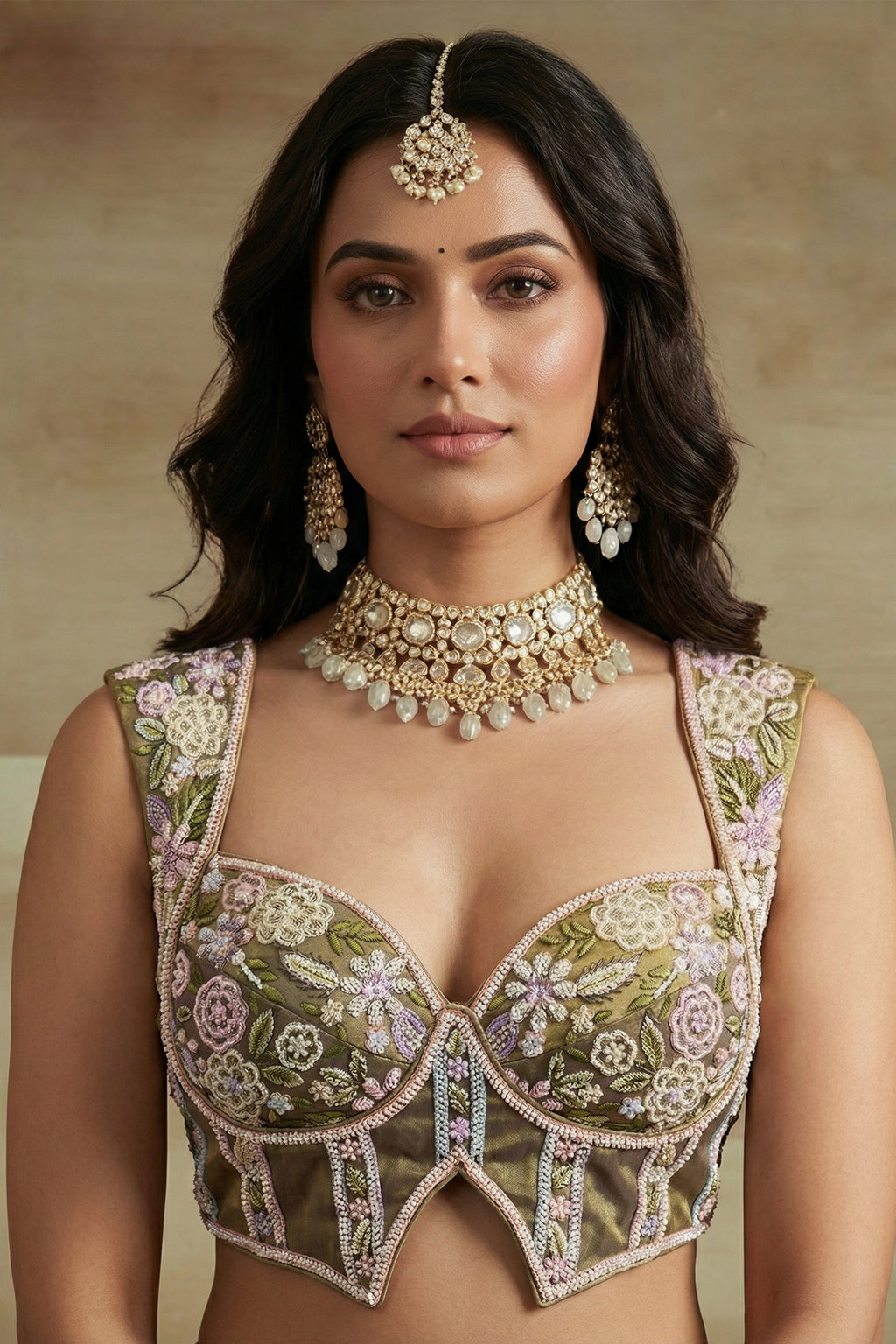 Muted Purple Tissue Multi-Pastel Embroidered Botanical Clusters and Scalloped Lehenga Choli