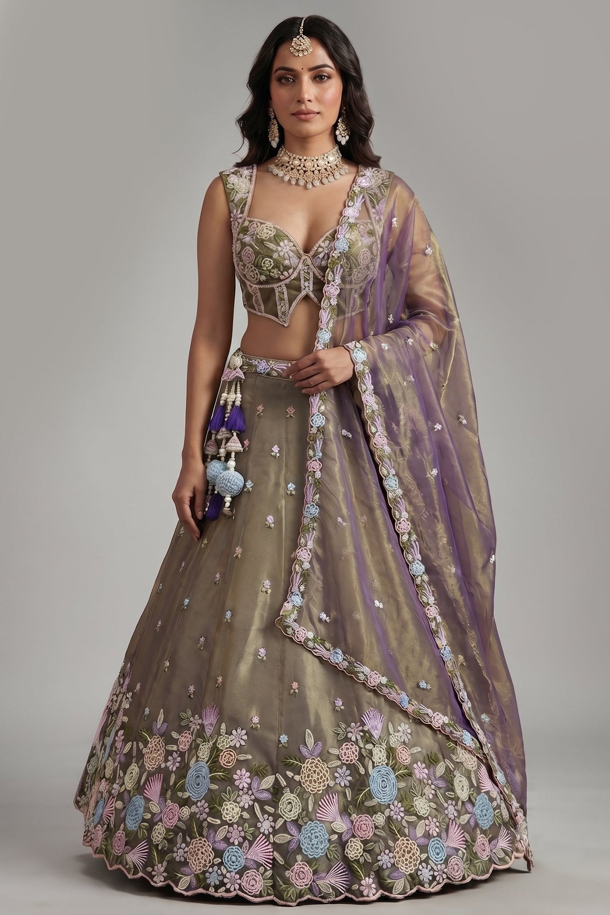 Muted Purple Tissue Multi-Pastel Embroidered Botanical Clusters and Scalloped Lehenga Choli