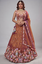 Rust Orange Metallic Tissue Pastel Floral Embroidery Scalloped Lehenga Choli