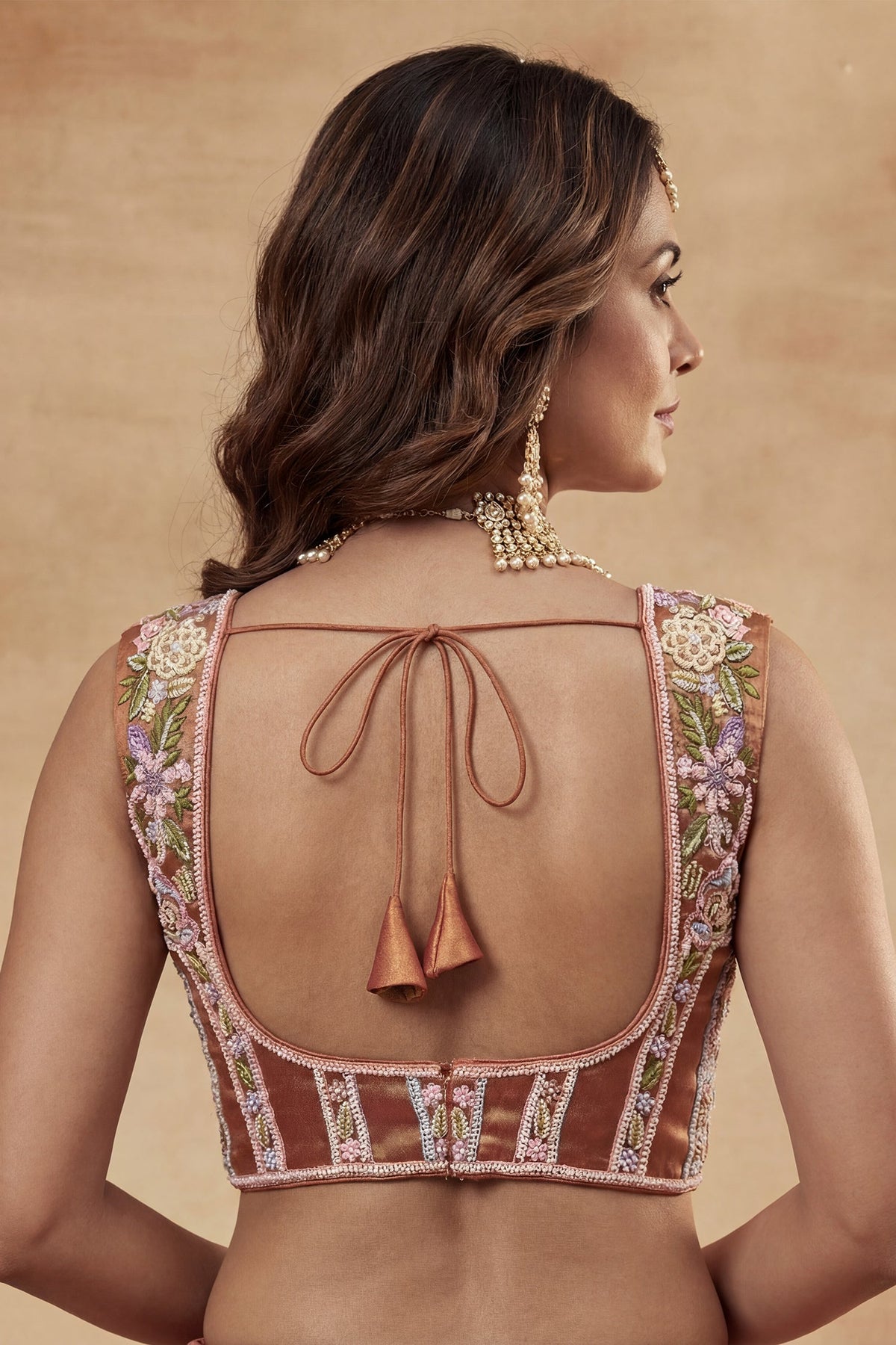 Rust Orange Metallic Tissue Pastel Floral Embroidery Scalloped Lehenga Choli
