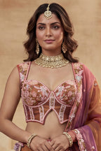 Rust Orange Metallic Tissue Pastel Floral Embroidery Scalloped Lehenga Choli