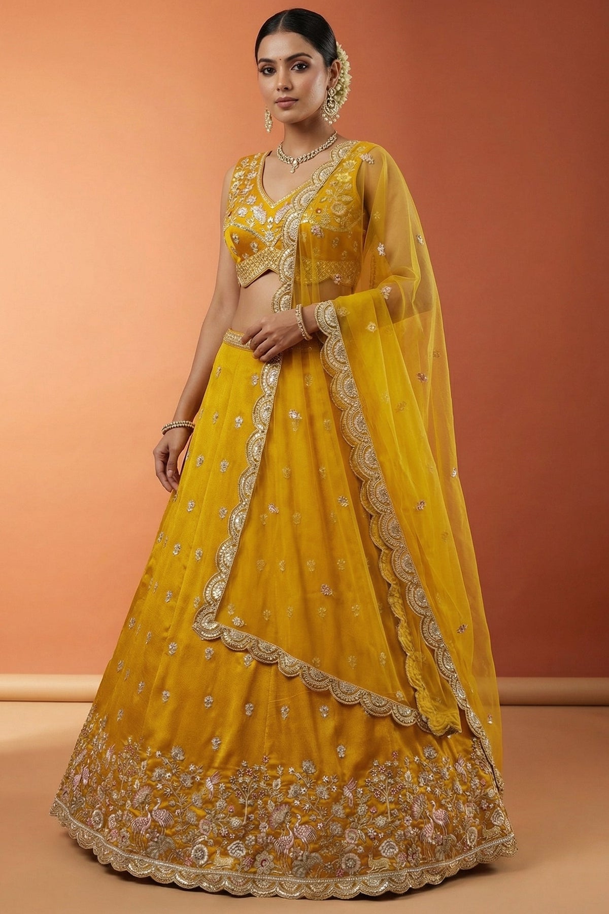 Vibrant Mustard Yellow Chinon Silk Lehenga Choli with Pearl & Sequin Woodland Motifs