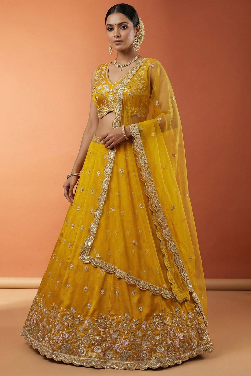 Vibrant Mustard Yellow Chinon Silk Lehenga Choli with Pearl & Sequin Woodland Motifs