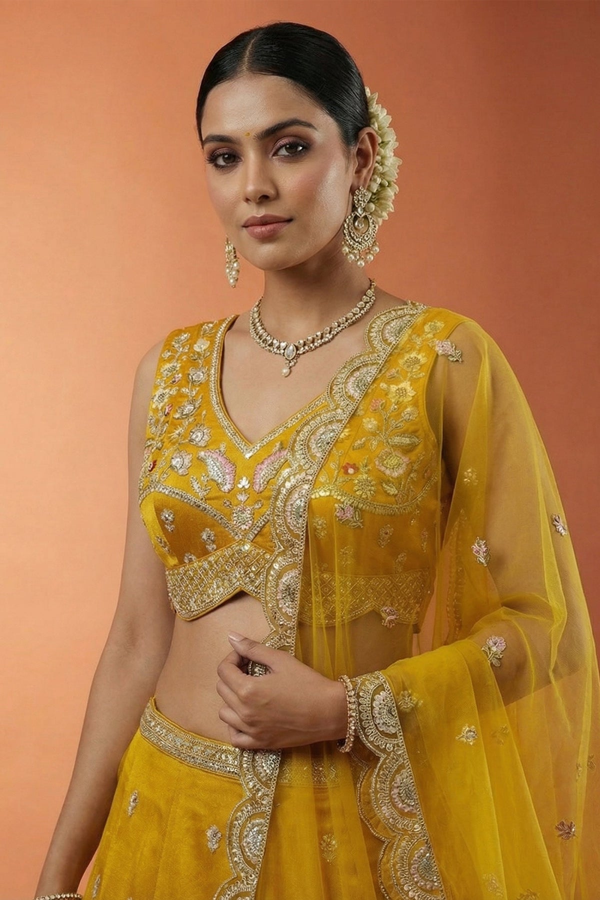 Vibrant Mustard Yellow Chinon Silk Lehenga Choli with Pearl & Sequin Woodland Motifs